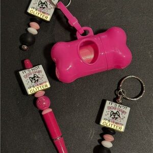 Pink Dog Waste Bag Holder with Keychains, keychain and beaded pen